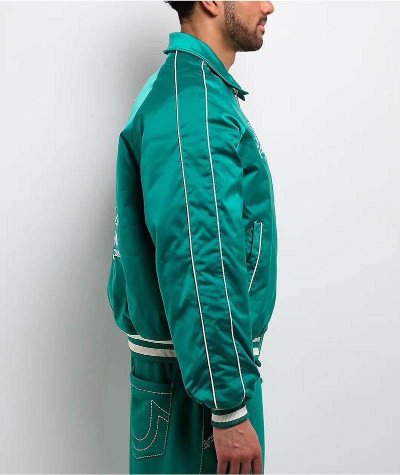 True Religion Logo Crest Satin Oak Leaf Green Bomber Jacket