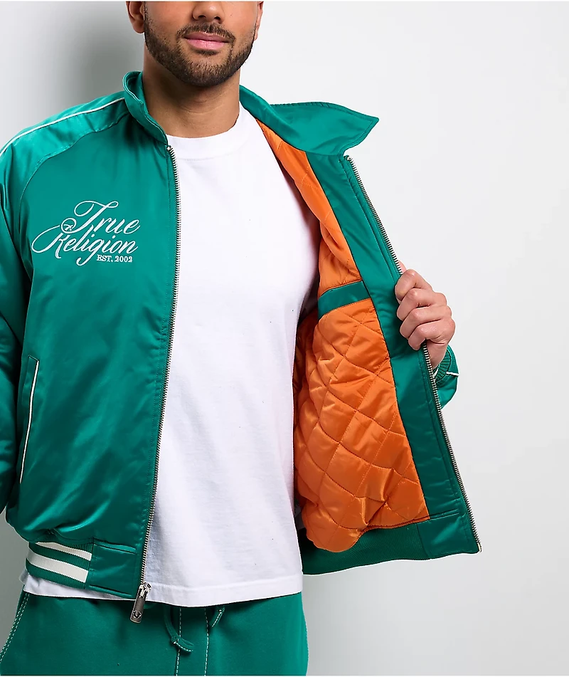 True Religion Logo Crest Satin Oak Leaf Green Bomber Jacket