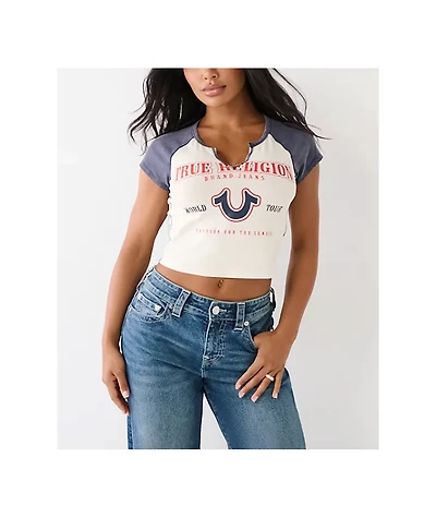 True Religion Logo Notch Winter White & Navy Raglan Crop T-Shirt