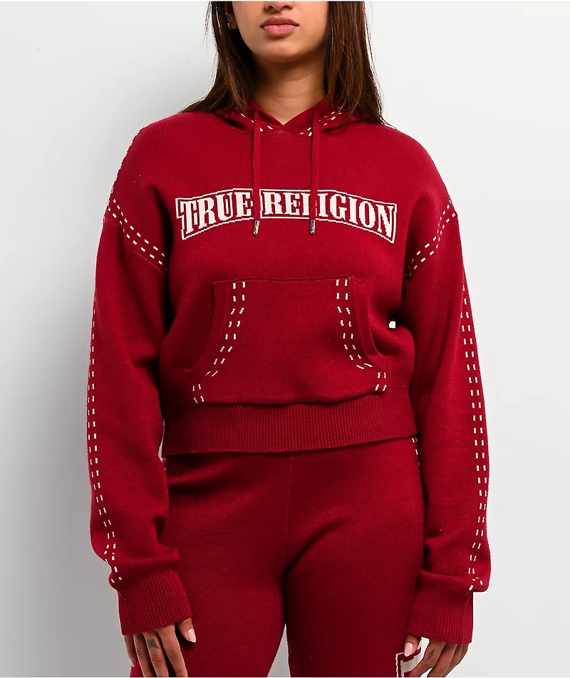 True Religion Logo Rhubarb Red Hooded Sweater