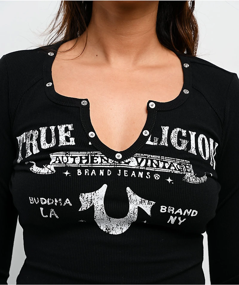 True Religion Logo Rivets V Notch Black Long Sleeve Crop T-Shirt