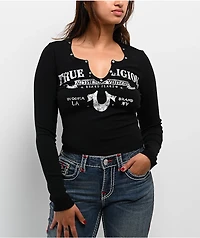 True Religion Logo Rivets V Notch Black Long Sleeve Crop T-Shirt