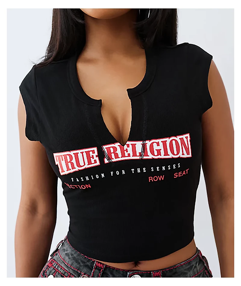 True Religion Logo V-Notch Black Crop T-Shirt
