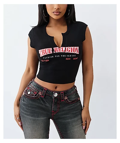 True Religion Logo V-Notch Black Crop T-Shirt