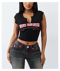 True Religion Logo V-Notch Black Crop T-Shirt