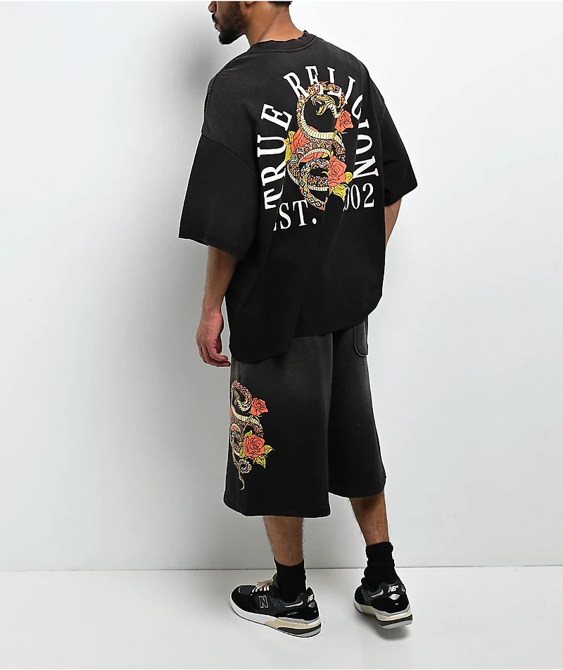 True Religion Mikey Floral Snake Black Wash Baggy Sweat Shorts