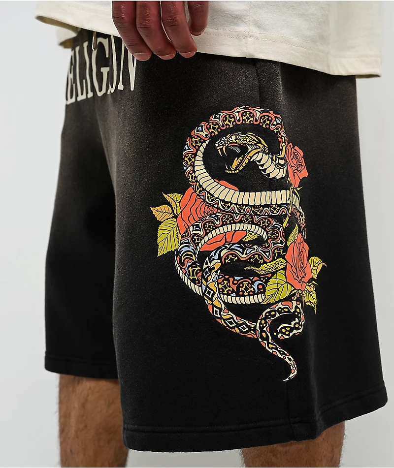 True Religion Mikey Floral Snake Black Wash Baggy Sweat Shorts