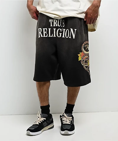 True Religion Mikey Floral Snake Black Wash Baggy Sweat Shorts