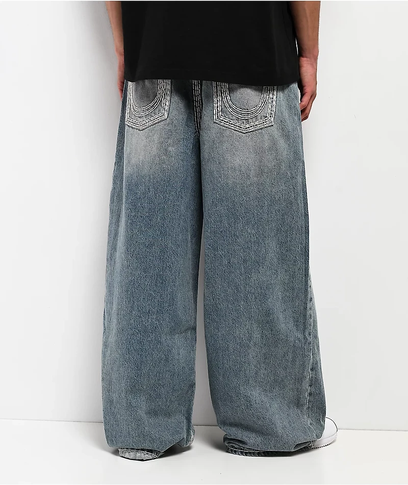 True Religion Mikey Super QT Flap Gridiron Blue Wash Ultra Wide Jeans