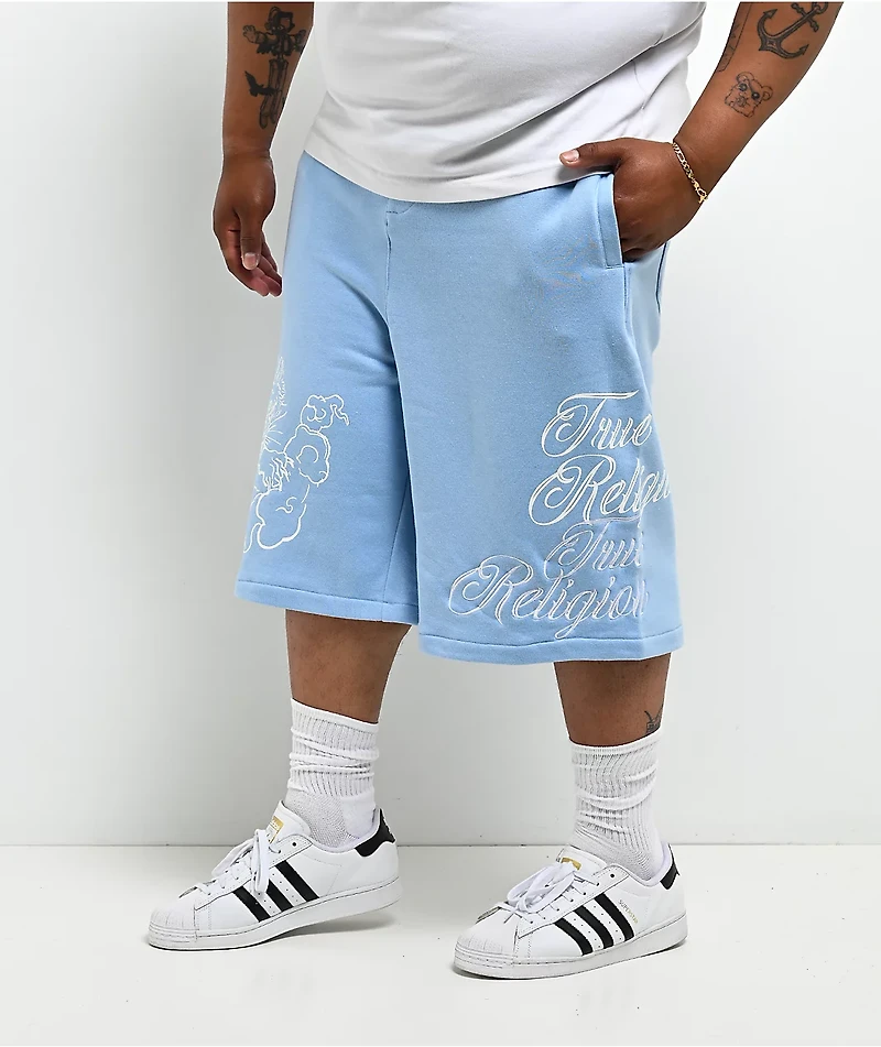 True Religion Mikey Tiger Script Blue Baggy Sweat Shorts