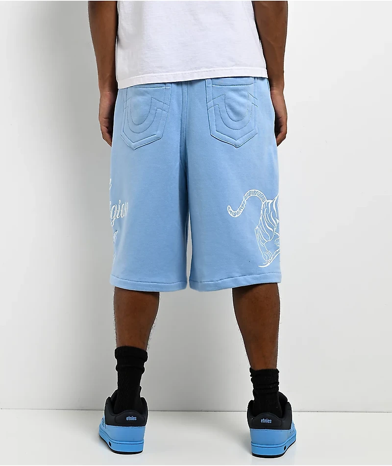 True Religion Mikey Tiger Script Blue Baggy Sweat Shorts