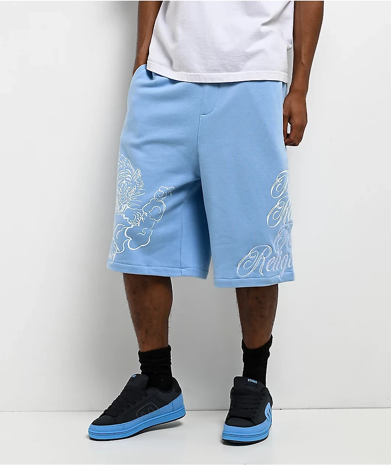 True Religion Mikey Tiger Script Blue Baggy Sweat Shorts