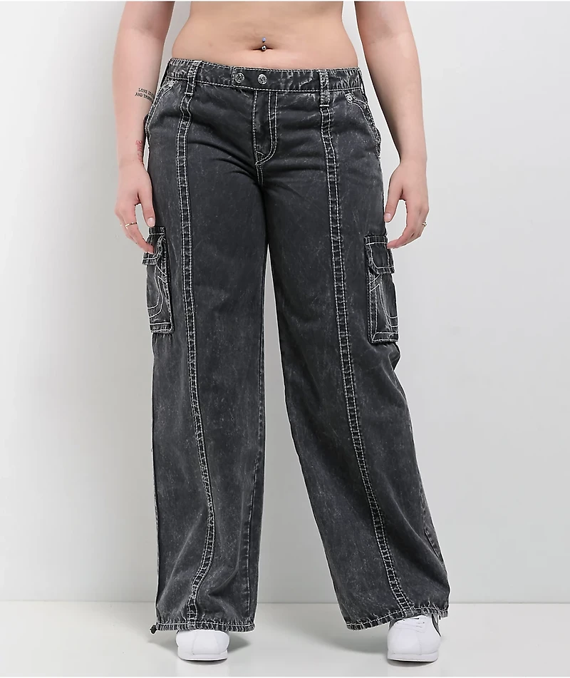 True Religion Natalie Jet Black Wash Low Rise Cargo Jeans