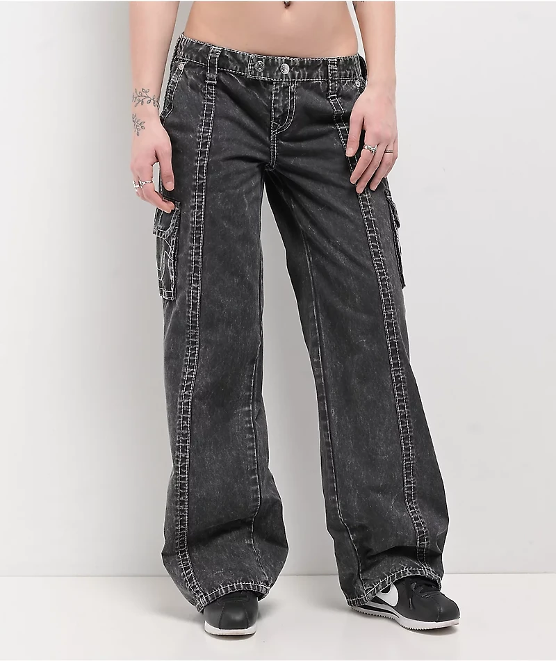 True Religion Natalie Jet Black Wash Low Rise Cargo Jeans