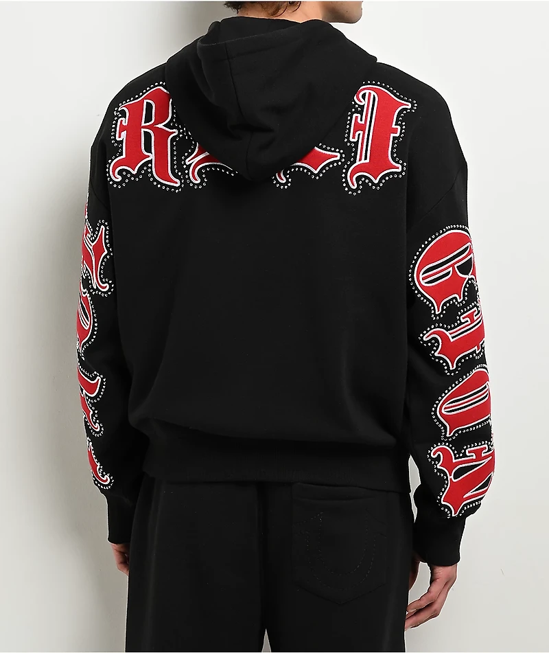 True Religion Old English Patch Black Boxy Zip Hoodie