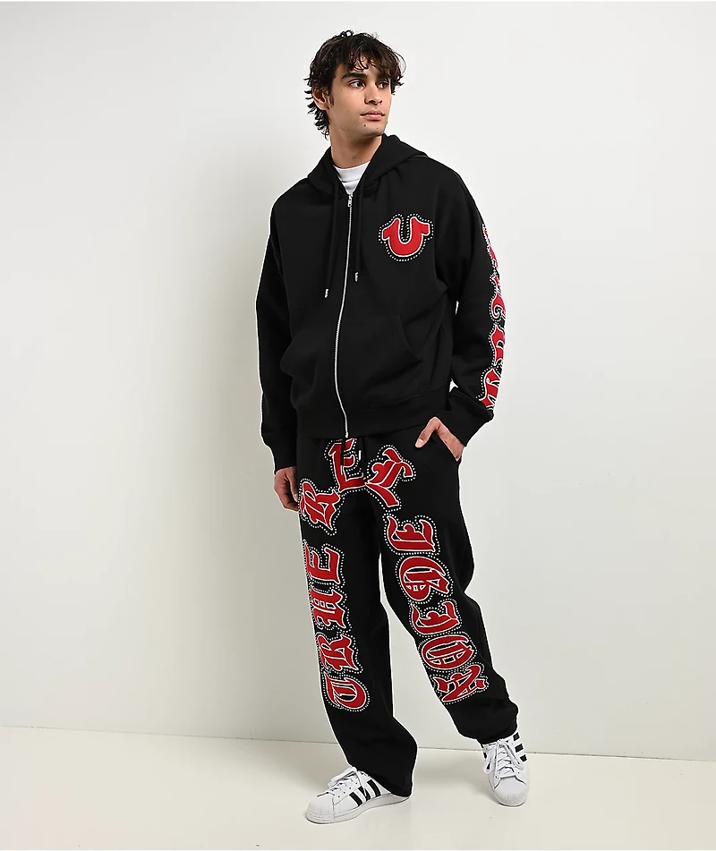 True Religion Old English Patch Black Boxy Zip Hoodie