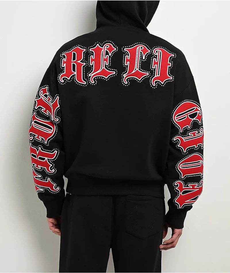 True Religion Old English Patch Black Boxy Zip Hoodie