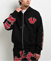 True Religion Old English Patch Black Boxy Zip Hoodie