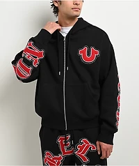 True Religion Old English Patch Black Boxy Zip Hoodie