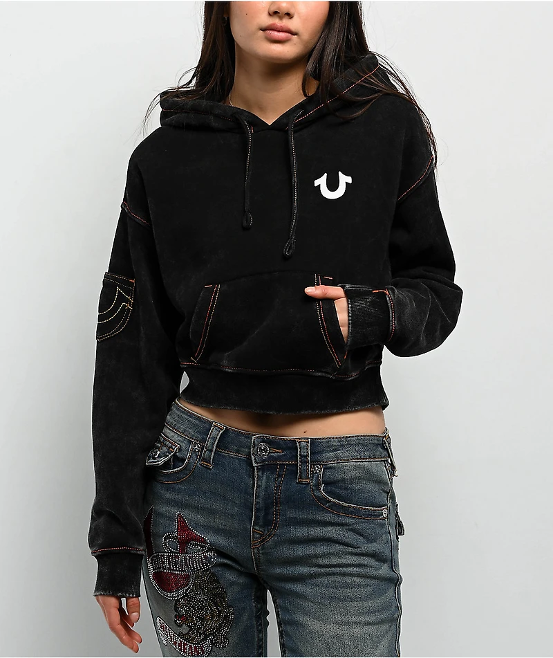 True Religion Old Multi SRS Black Wash Crop Hoodie