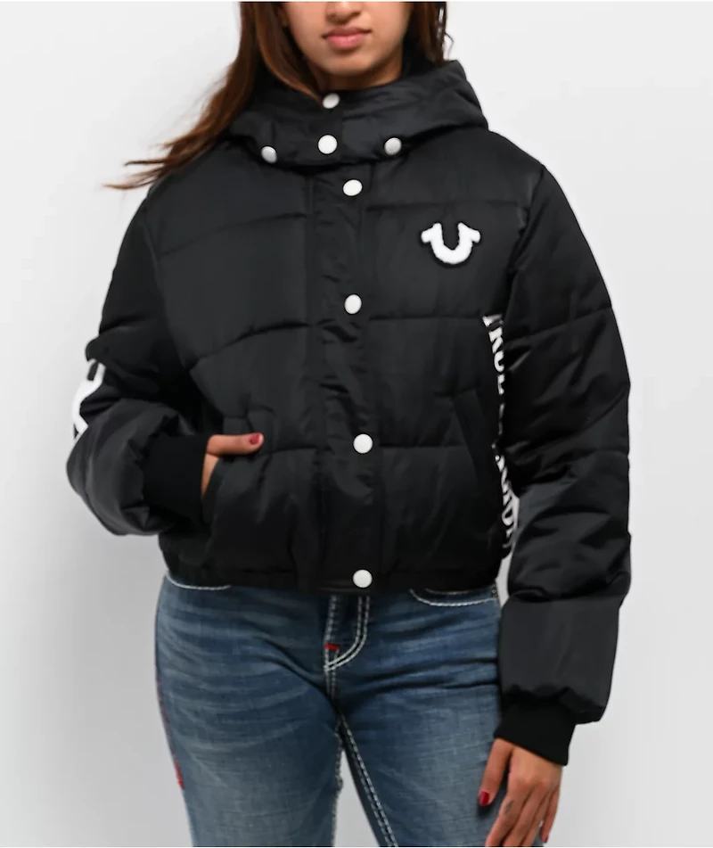 True Religion Patched Black Crop Puffer Jacket