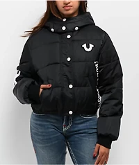 True Religion Patched Black Crop Puffer Jacket