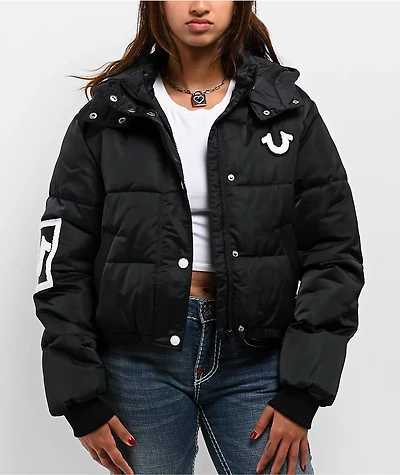 True Religion Patched Black Crop Puffer Jacket