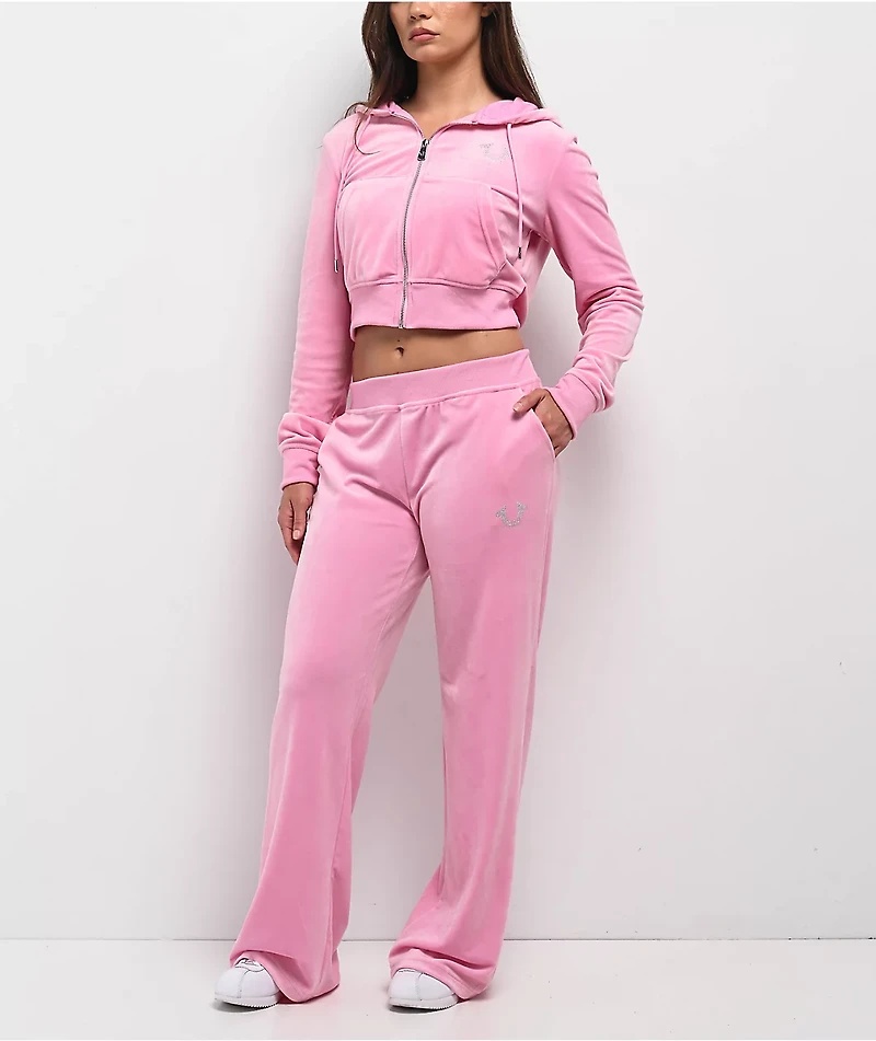 True Religion Pink Velour Crystal Shrunken Zip Hoodie