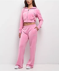 True Religion Pink Velour Crystal Shrunken Zip Hoodie