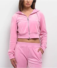 True Religion Pink Velour Crystal Shrunken Zip Hoodie