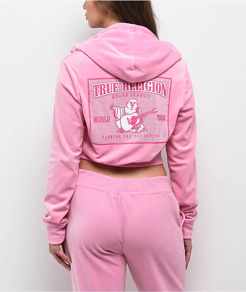 True Religion Pink Velour Crystal Shrunken Zip Hoodie
