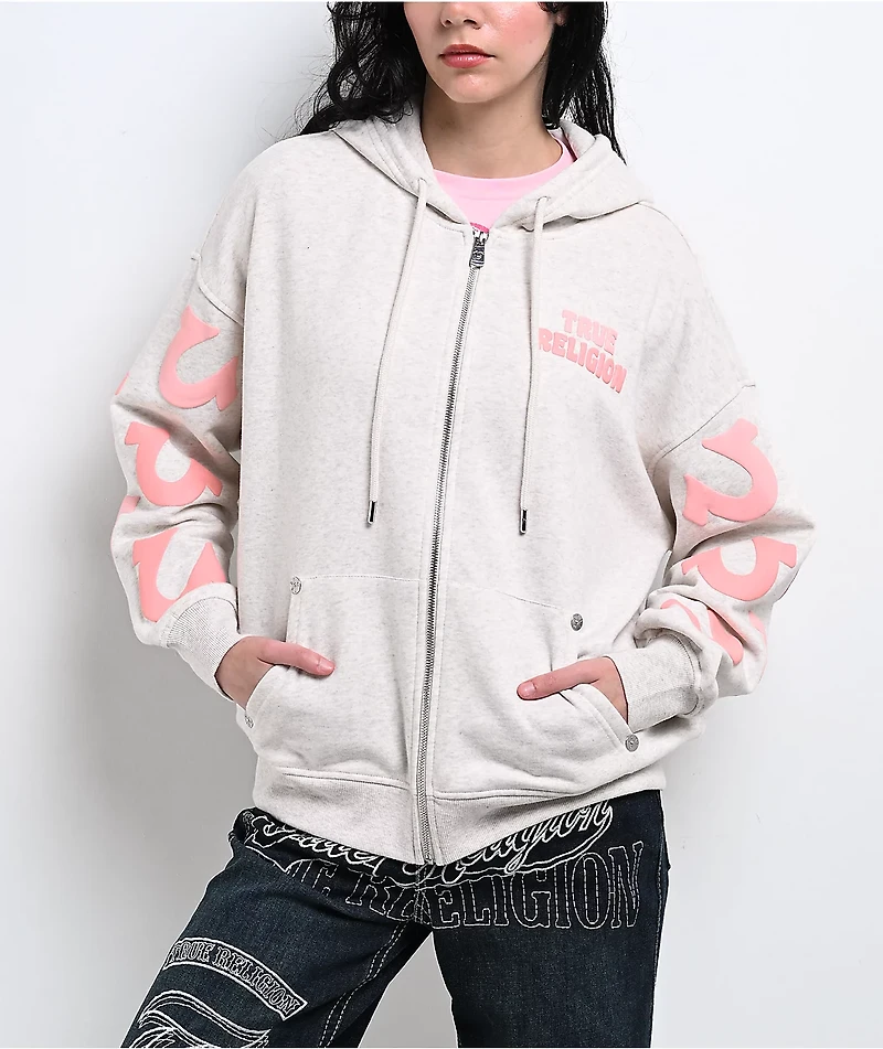 True Religion Puff-Print Heather Grey Zip Hoodie