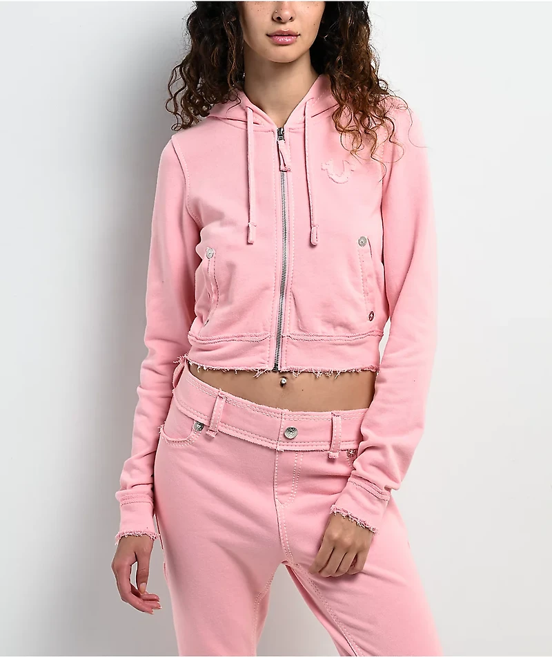 True Religion Raw Edge Shrunken Big T Candy Pink Crop Zip Hoodie