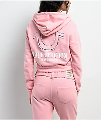 True Religion Raw Edge Shrunken Big T Candy Pink Crop Zip Hoodie