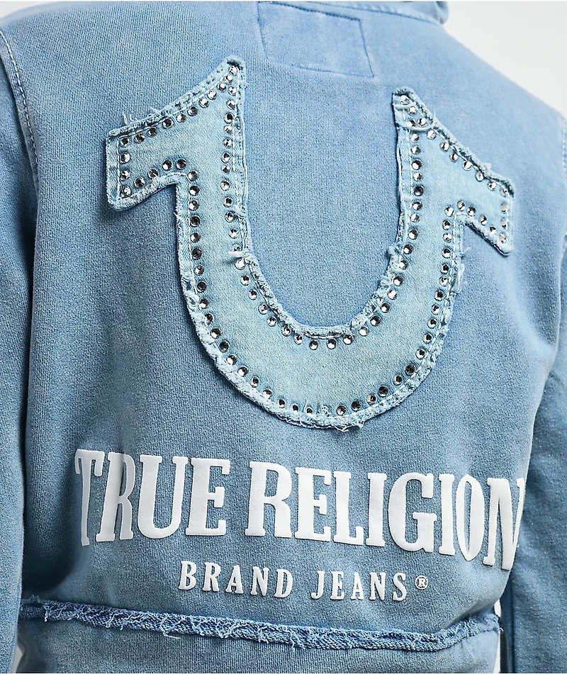 True Religion Raw Edge Shrunken Big T Pacific Wash Crop Zip Hoodie