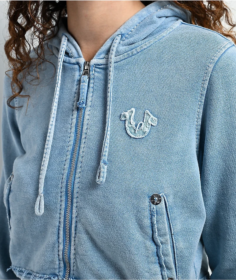True Religion Raw Edge Shrunken Big T Pacific Wash Crop Zip Hoodie
