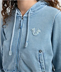 True Religion Raw Edge Shrunken Big T Pacific Wash Crop Zip Hoodie