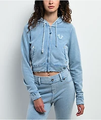 True Religion Raw Edge Shrunken Big T Pacific Wash Crop Zip Hoodie