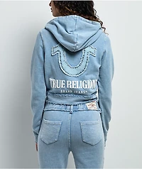 True Religion Raw Edge Shrunken Big T Pacific Wash Crop Zip Hoodie