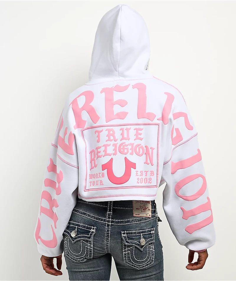 True Religion Relaxed White & Pink Crop Zip Hoodie