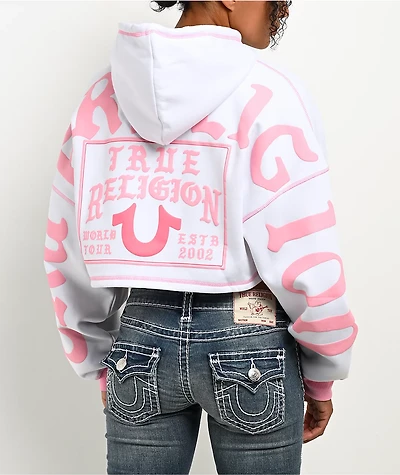 True Religion Relaxed White & Pink Crop Zip Hoodie