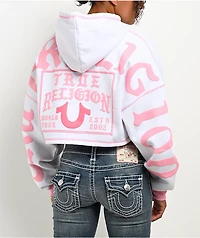 True Religion Relaxed White & Pink Crop Zip Hoodie