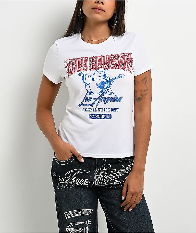True Religion Rhinestone Buddha Red, White & Blue T-Shirt