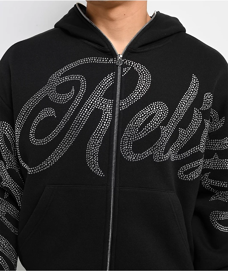 True Religion Rhinestone Script Black Boxy Bodybag Hoodie