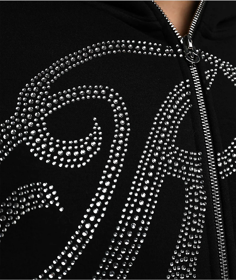 True Religion Rhinestone Script Black Boxy Bodybag Hoodie