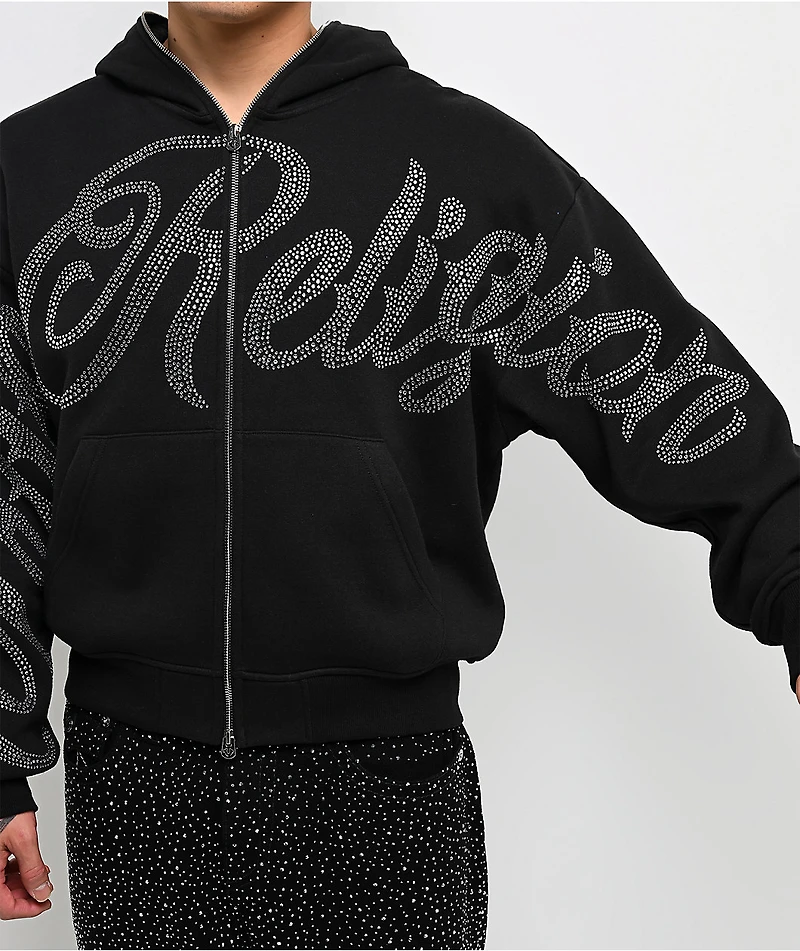 True Religion Rhinestone Script Black Boxy Bodybag Hoodie
