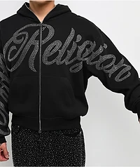 True Religion Rhinestone Script Black Boxy Bodybag Hoodie