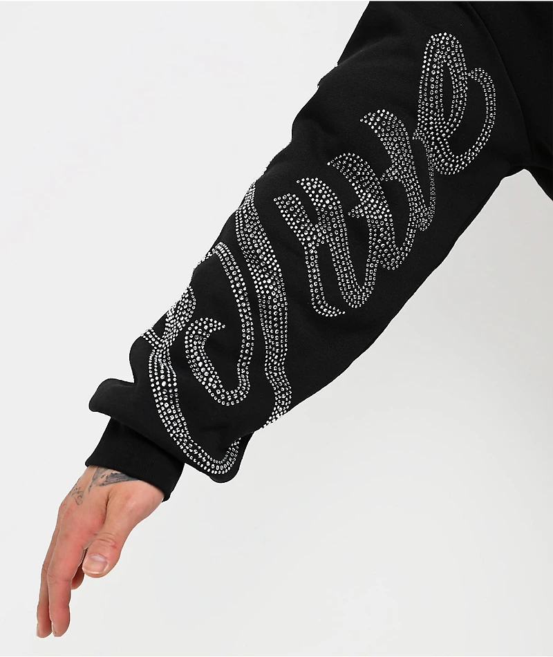 True Religion Rhinestone Script Black Boxy Bodybag Hoodie