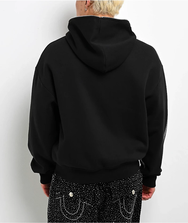 True Religion Rhinestone Script Black Boxy Bodybag Hoodie
