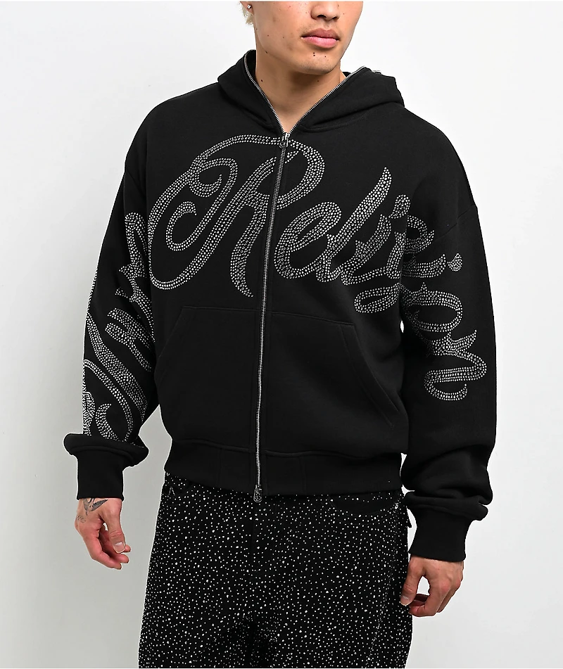 True Religion Rhinestone Script Black Boxy Bodybag Hoodie
